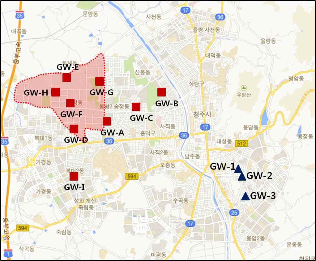 청주산업단지 지하수 수질 측정지점(점선: 공단지역, ■:산단 및 노출지역, ▲: 대조지역)