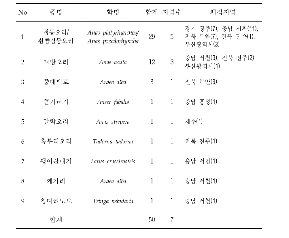 Results of identification of wild bird species by feces