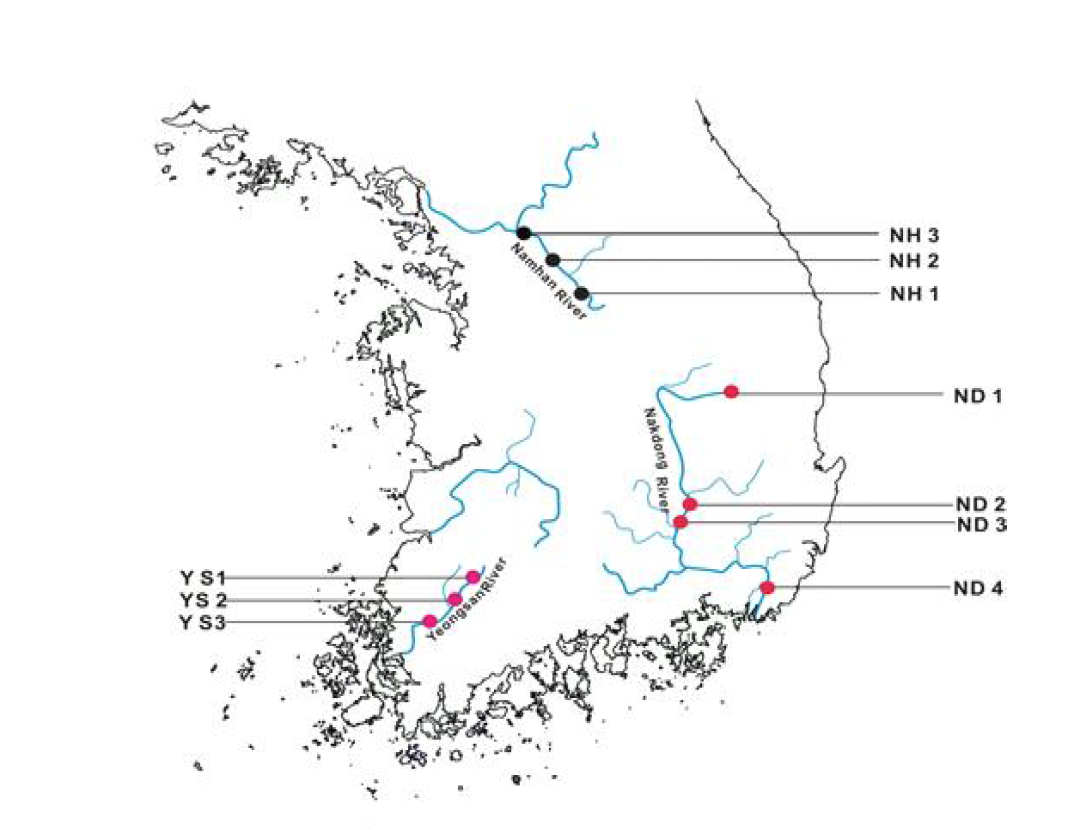 Map showing sampling sites in rivers.