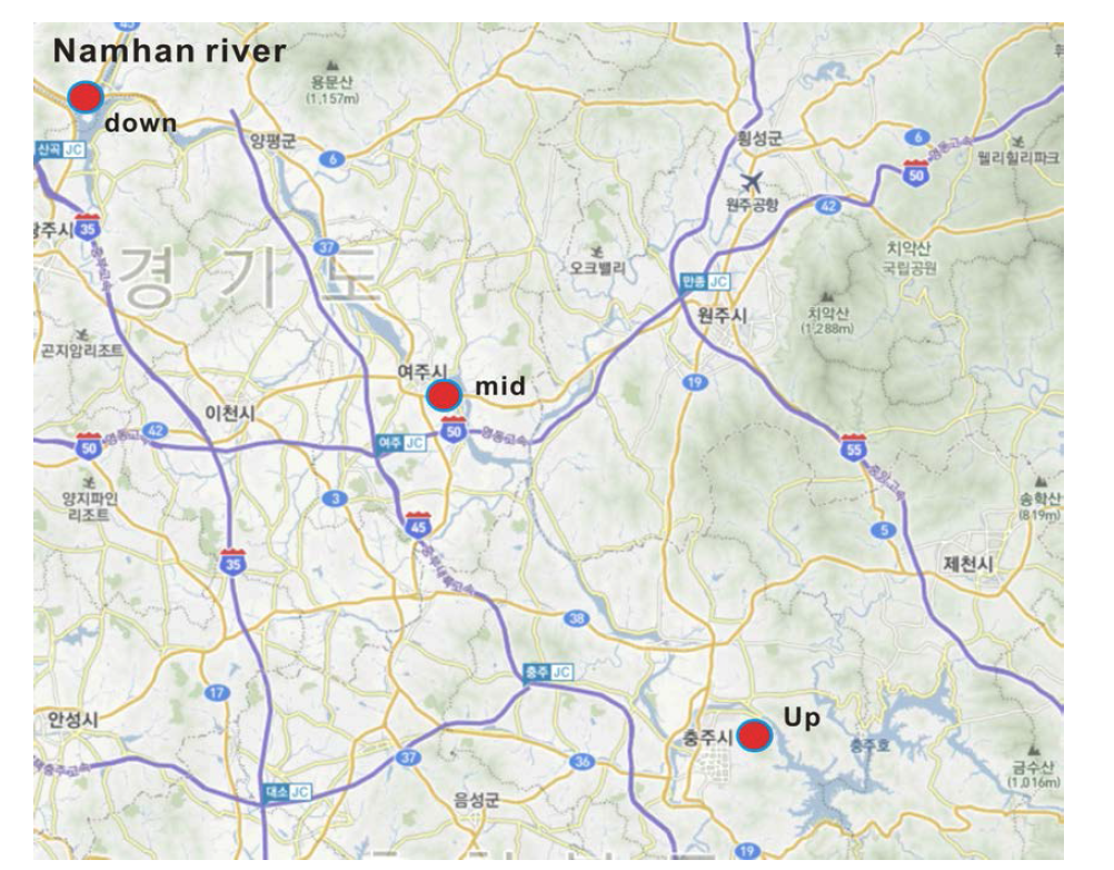 Sampling sites in Namhan River(source; Daum map).