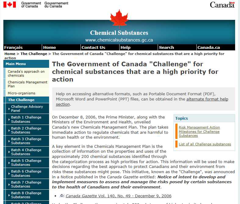 국외 우선순위 물질 : 캐나다 Challenge substance(일부)