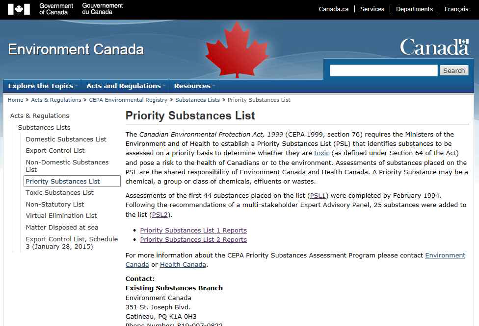 국외 우선순위 물질 : 캐나다 Priority Substances List(일부)