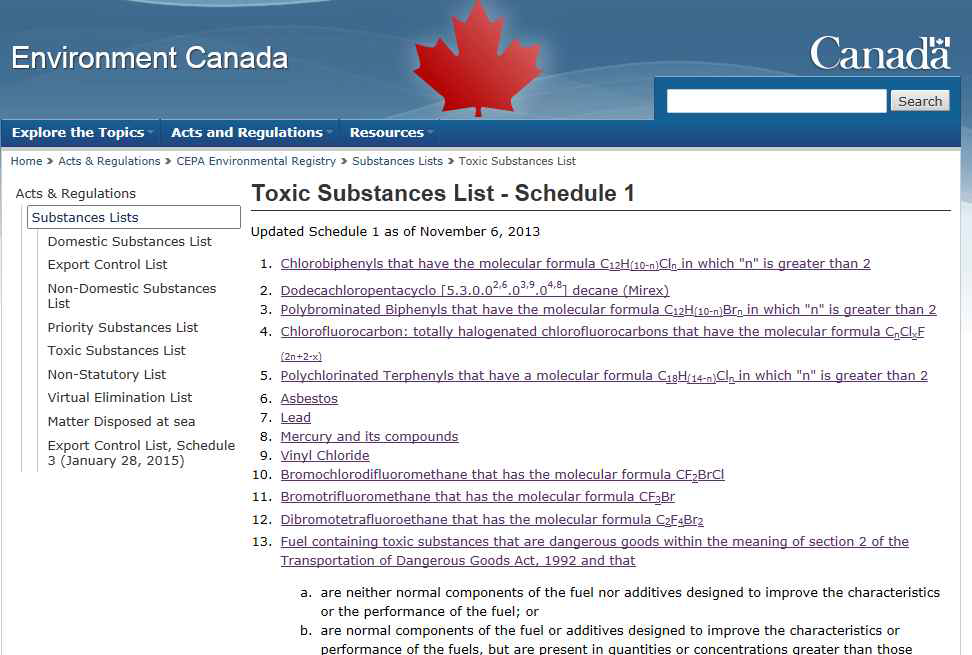 국외 규제물질 : 캐나다 Toxic Substances List(일부)