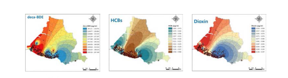 Distribution of pollutants at Sihwa area in spring.