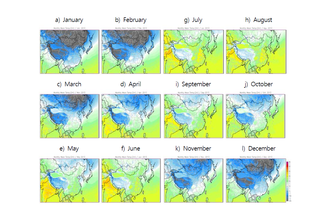 Monthly average of temperature (℃) (January~December, 2013).