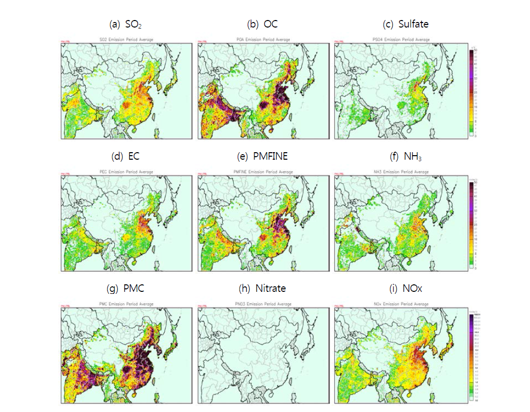 Spatial distribution of emission (ton/year) by air pollutants in 2013.