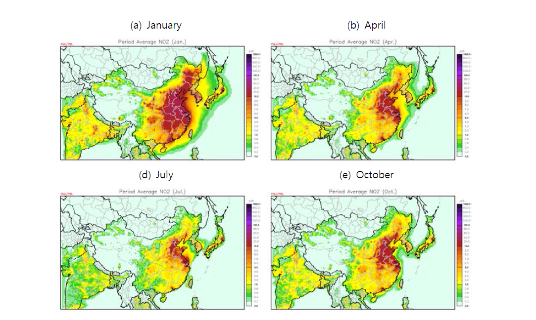 Spatial distribution of NO2 on January, April, July and October in 2013.