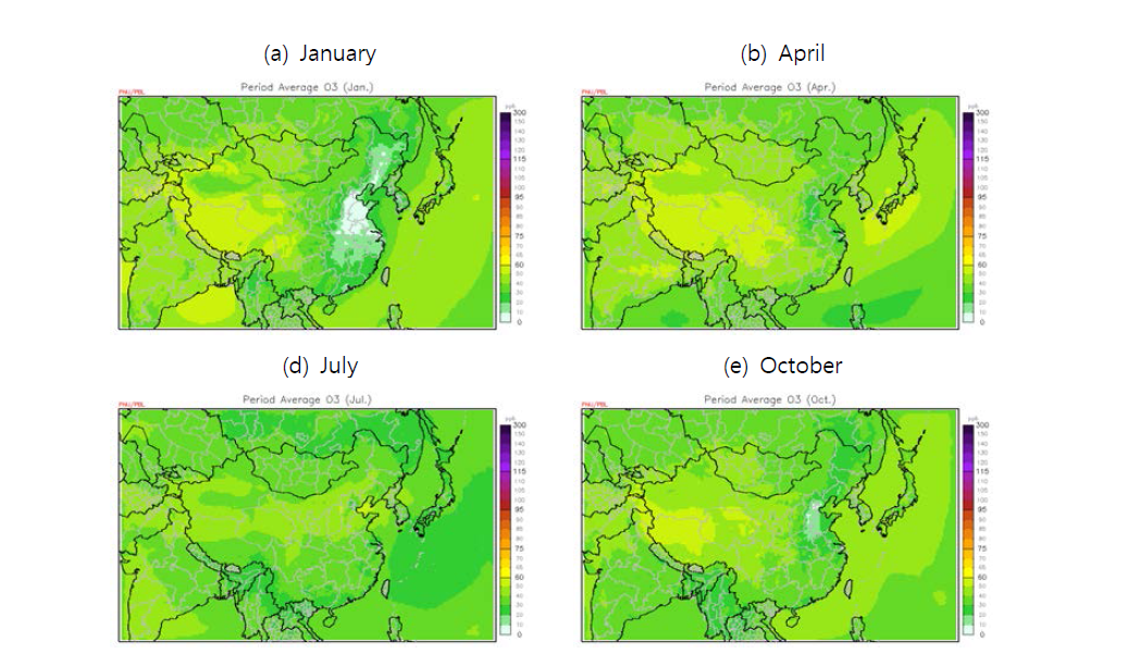 Spatial distribution of O3 on January, April, July and October in 2013.