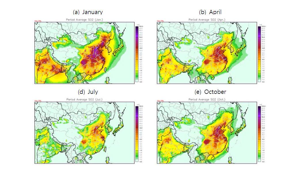 Spatial distribution of SO2 on January, April, July and October in 2013.