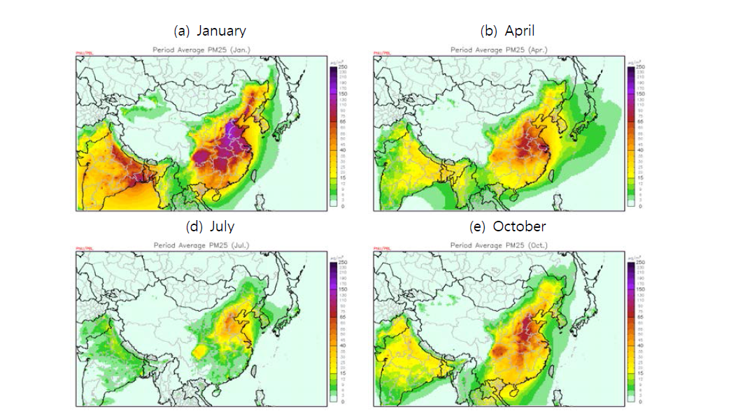 Spatial distribution of PM2.5 on January, April, July and October in 2013.