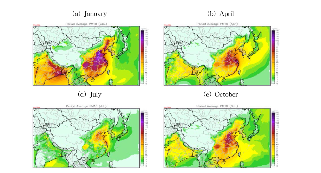 2013년 월별 PM10 농도 공간분포 : (a) 1월, (b) 4월, (c) 7월, (d) 10월