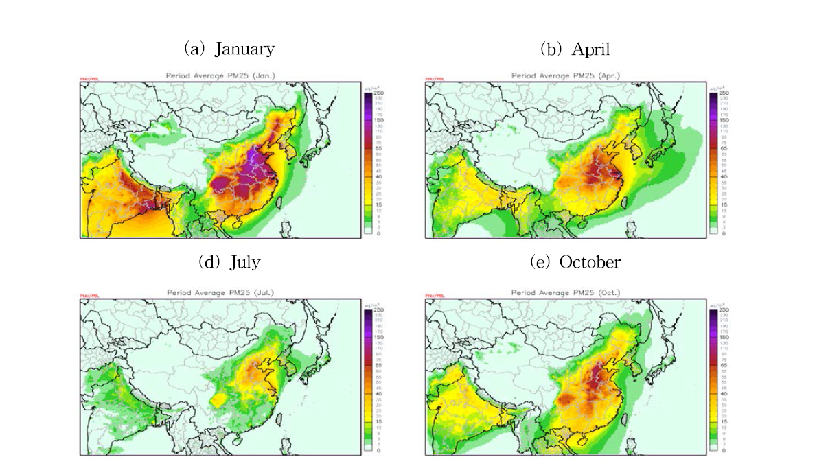 2013년 월별 PM2.5 농도 공간분포 : (a) 1월, (b) 4월, (c) 7월, (d) 10월