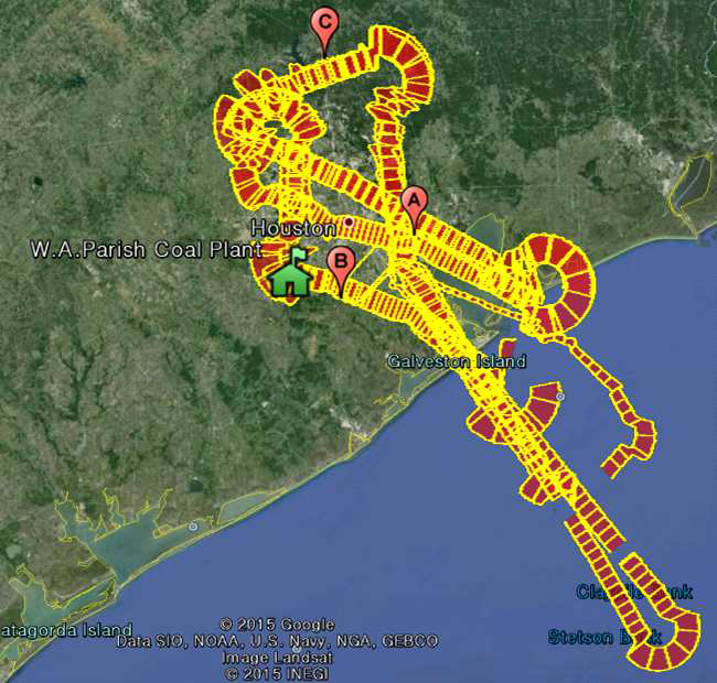 Flight routes with sample analysis points on Sept. 14 2013 (A, B, C indicate the data sample analysis point)