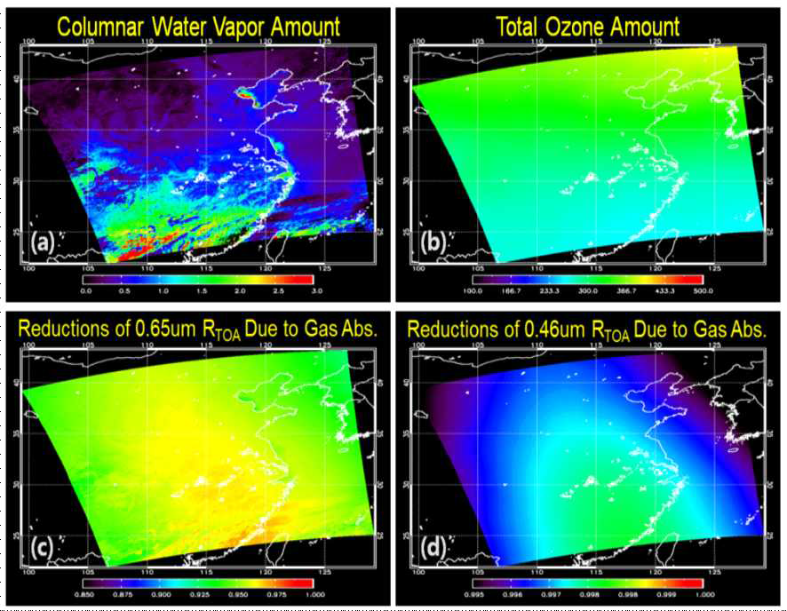 (a) A map of columnar water vapor amount. (b) A map of total column ozone amount. (c) Reduction (fraction) of reflectance at 650 nm due to gas absorption. (d) Reduction of reflectance at 460 nm due to gas absorption.