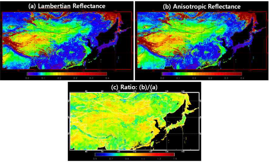 (a) Lambert-equivalent surface reflectance over East Asia. (b) Anisotropic surface reflectance using the MODIS BRDF data for a given sun-satellite viewing geometry. (c) The ratio between (a) and (b).