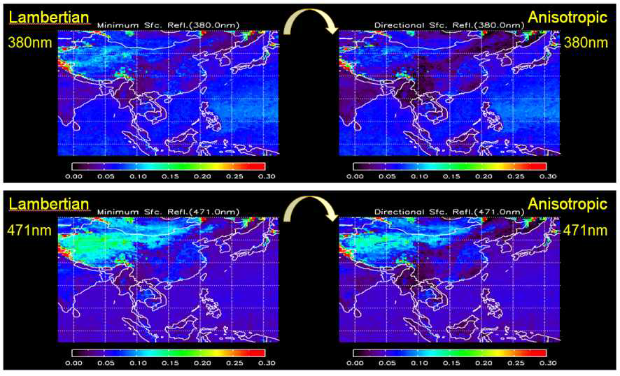 Example of estimating anisotropic surface reflectance at any given sun-sensor viewing geometry by merging OMI surface LER and MODIS BRDF kernal parameters for band 3(nominal wavelength at 466 nm).