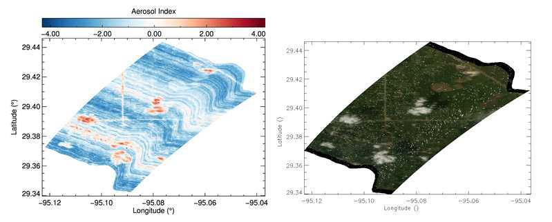 Left is UV Aerosol Index for 354 and 388 nm. Right is RGB image.