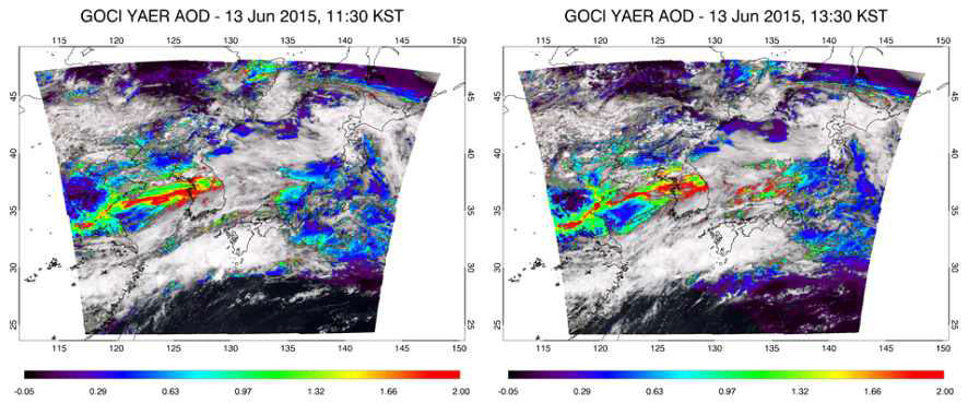 GOCI Yonsei aerosol retrieval AOD in 13 June 2015. Left is 11:30 KST, and right is 13:30 KST.