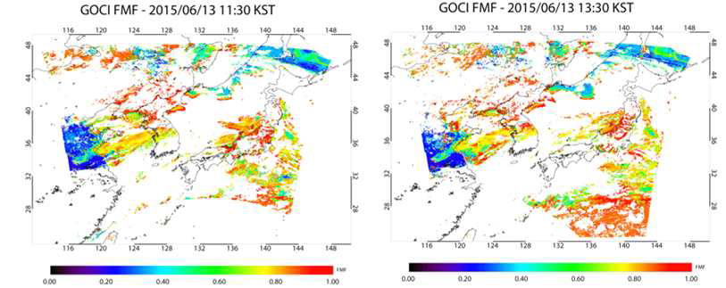 GOCI Yonsei aerosol retrieval FMF in 13 June 2015. Left is 11:30 KST, and right is 13:30 KST.