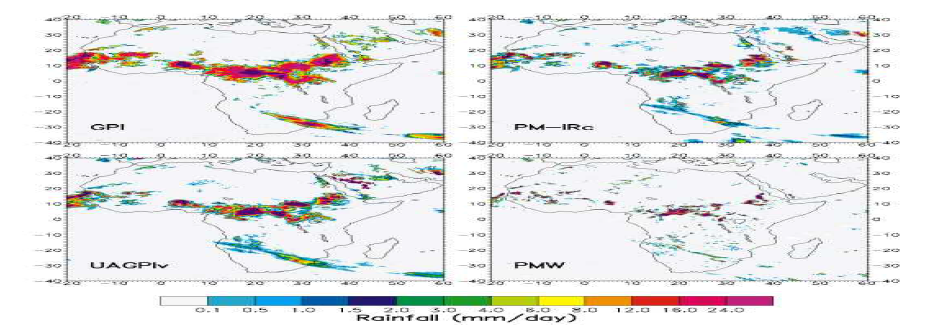 다양한 알고리즘을 이용한 2001년 8월 27일의 아프리카 대륙의 강수량 비교