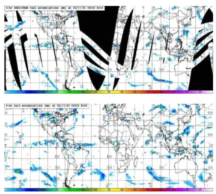 (위) SSM/I와 TMI로부터 관측된 6시간 강수량 (아래) GOES-8/10,Meteosat-5/7, GMS-5 정지궤도위성의 강수량 자료