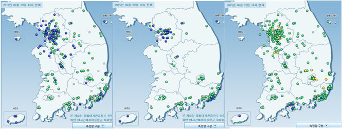 Distribution of National Ambient air Monitoring InformationSystem (left : PM10, PM2.5, O3)