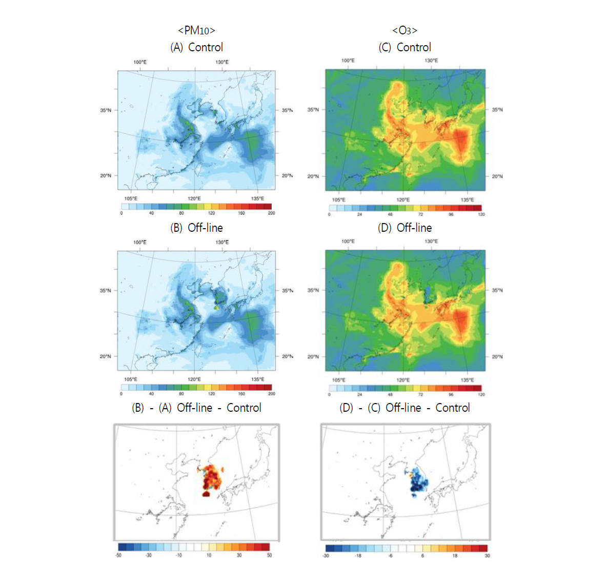 Comparison of spatial distributions of model outputs (PM10,O3) between without and with data assimilation for May 9. 2012