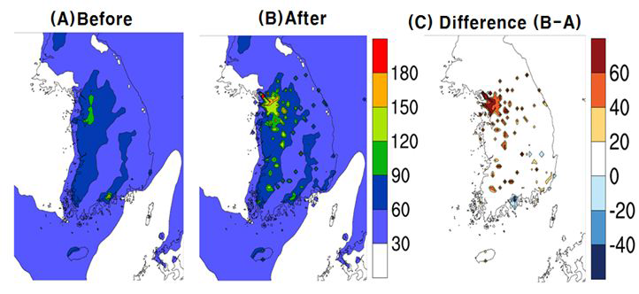 Spatial distributions of PM10 between without and with data assimilation in the Korean peninsula for May 9. 2012