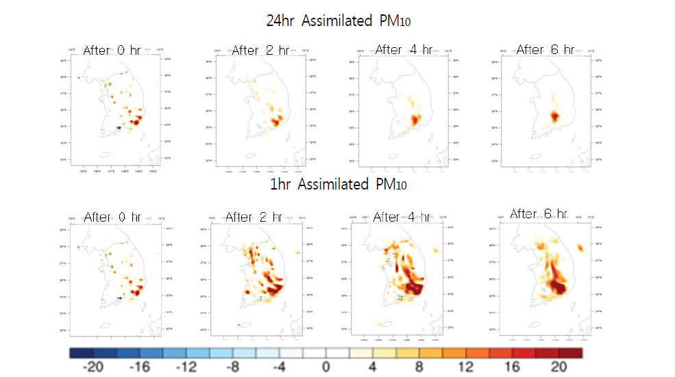 Difference of spatial distributions of PM10 between without and with On-line data assimilation