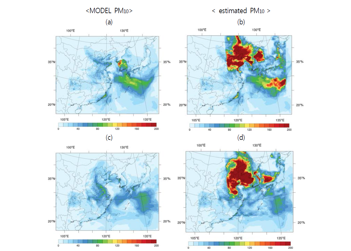 Comparison of spatial distributions of model PM10 and estimated PM10 concentrations without and GOCI with data assimilation (upper panel, a&b : May 8, 2012 / lower panel, c&d : May 9, 2012)