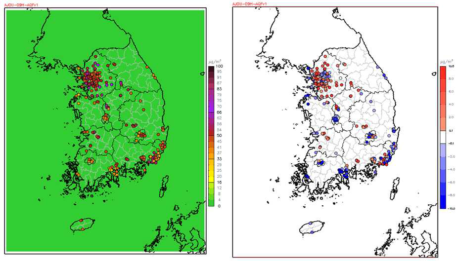 2014년 연평균 PM10농도(좌), 전국 평균대비 관측소별 편차(우)