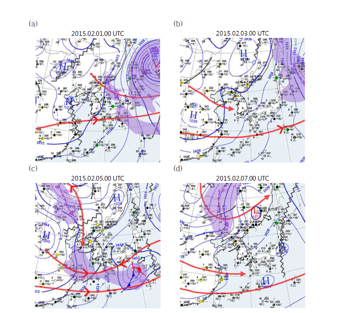 2015년 2월 (a) 1일 , (b) 3일, (c) 5일, (d) 7일 00 UTC의 해수면 기압(mean sea level pressure, MSLP)에 대한 분석일기도