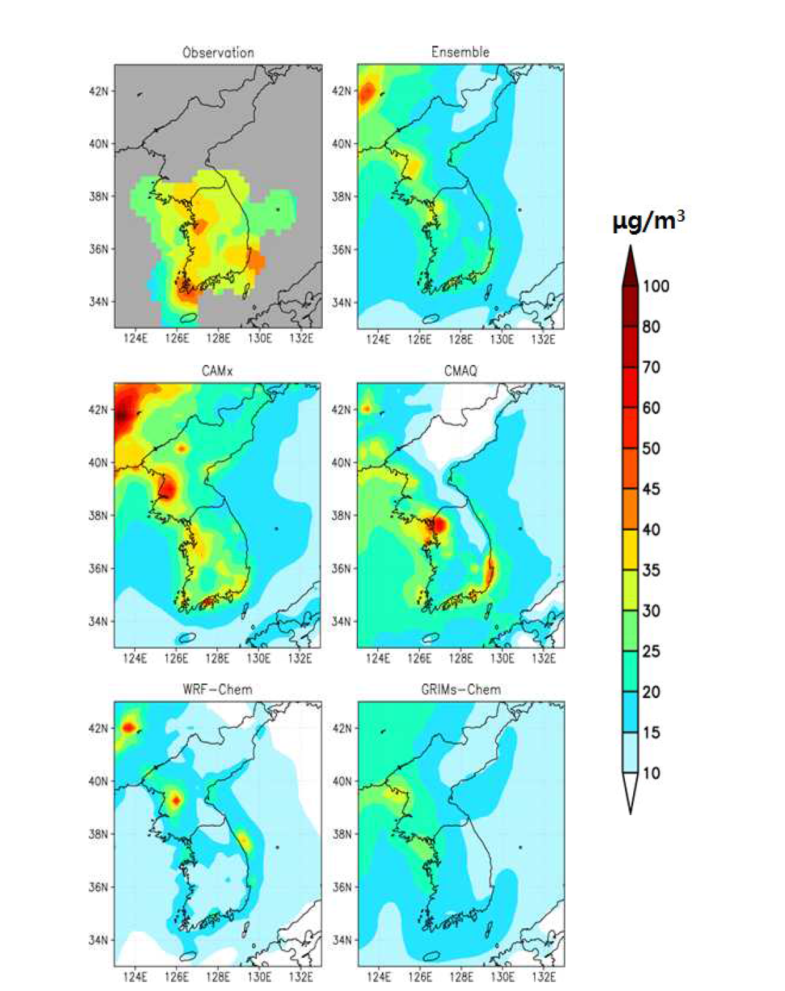 앙상블 모델과 관측 자료의 캠페인 기간 평균 미세 먼지 수평 공간 분포