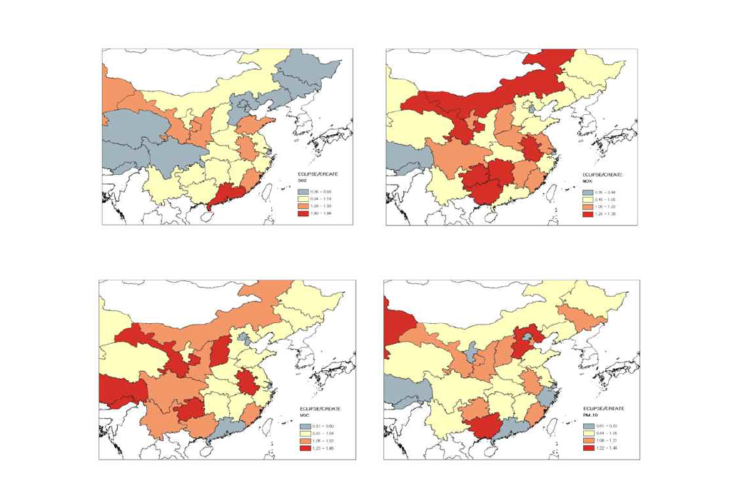 CREATE와 GAINS-ECLIPSE 간 지역 배출량 비 (ECLIPSE/CREATE, 왼측 상단부터 시계방향으로 SO2, NOx, PM10, VOC)