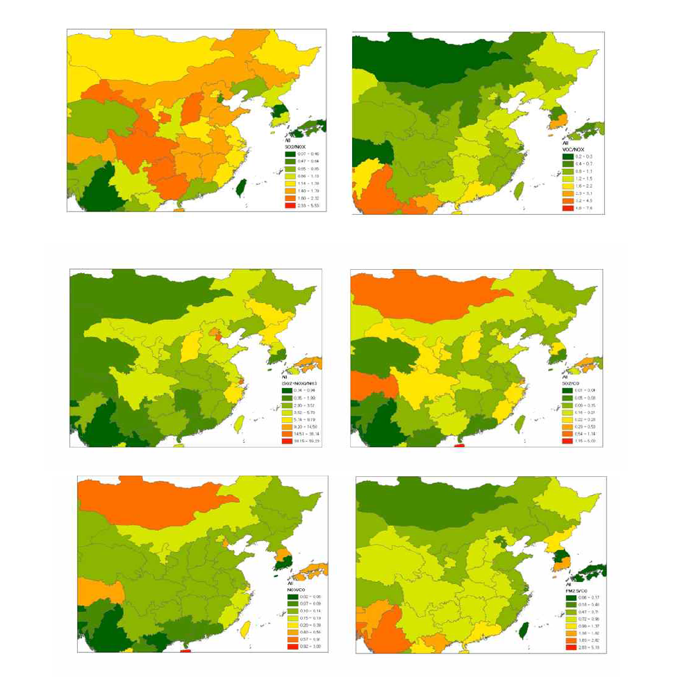 동북아시아 지역별 오염물질별 배출 비 (왼쪽 상단부터 시계방향으로 SO2/NOx, VOC/NOx, SO2/CO, PM2.5/CO, NOx/CO, (SO2+NOx)/NH3)