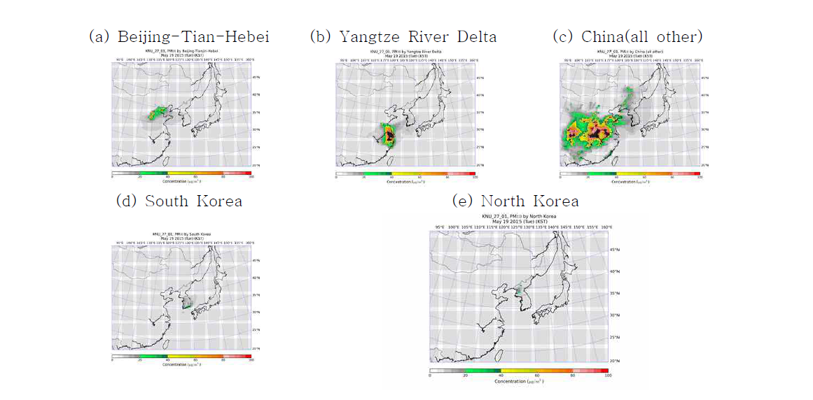 배출 권역에 따른 남한지역에 대한 PM10 기여도 (5월 19일 예시)