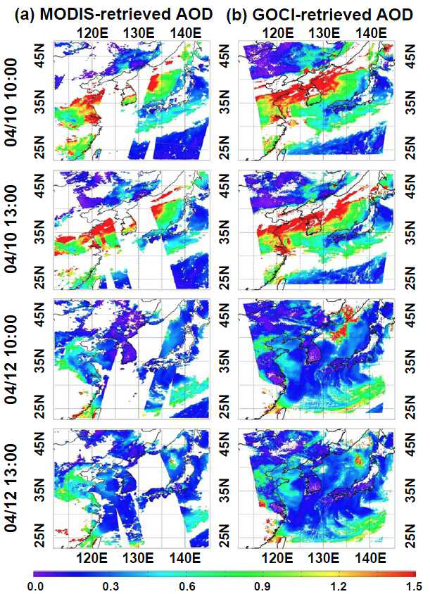 동북아시아의 (a) Terra 및 Aqua/MODIS AOD, (b) GOCI AOD. 4월 10일과 4 월 12일 그림이며, Terra/MODIS는 10:00 (Korean Standard Time; KST), Aqua/MODIS는 13:00 KST 자료임.