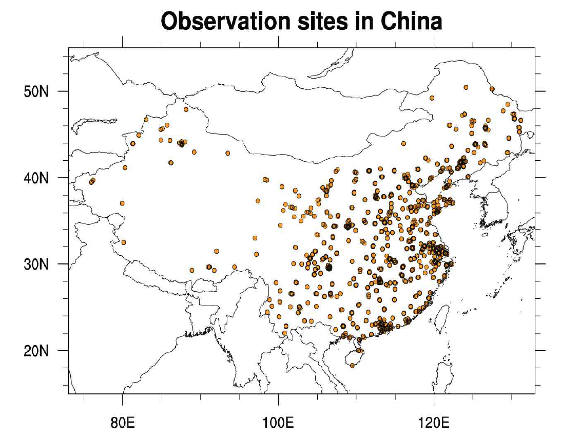 국립환경과학원으로부터 제공 받은 중국 지상 관측 자료 (CAWNET)의 관측소 분포도.