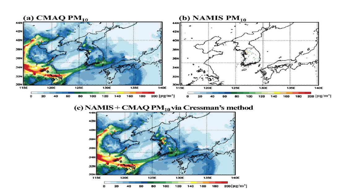 2012년 5월 9일 9:00 (Korean Standard Time; KST) 자료. (a) CMAQ으로 모 의된 PM10, (b) NAMIS PM10 측정 자료, (c) NAMIS와 CMAQ PM10 자료를 Cressman 방법 으로 자료동화한 결과.