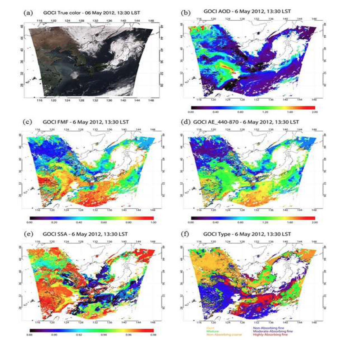 (a) GOCI 트루컬러 이미지, (b) 550 nm AOD, (c) 550 nm, (d) 440 – 870 nm AE, (e) 440 nm SSA, (f) 2012년 5월 6일 13:30 (Korean Standard Time; KST)에 해당하는 에 어로솔 구분 (type).