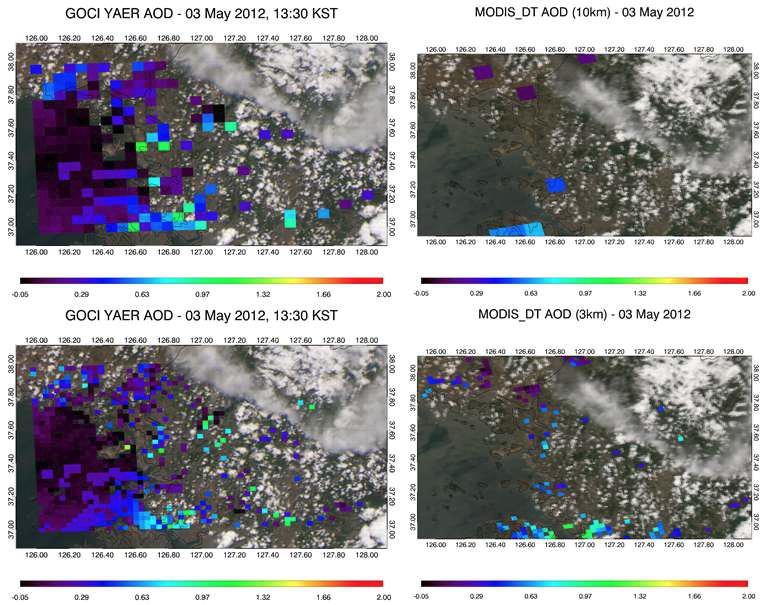 2012년 5월 3일 서울지역 GOCI AOD 6 km, 3 km 산출 결과와 MODIS Dark Target AOD 10 km, 3 km 산출물.