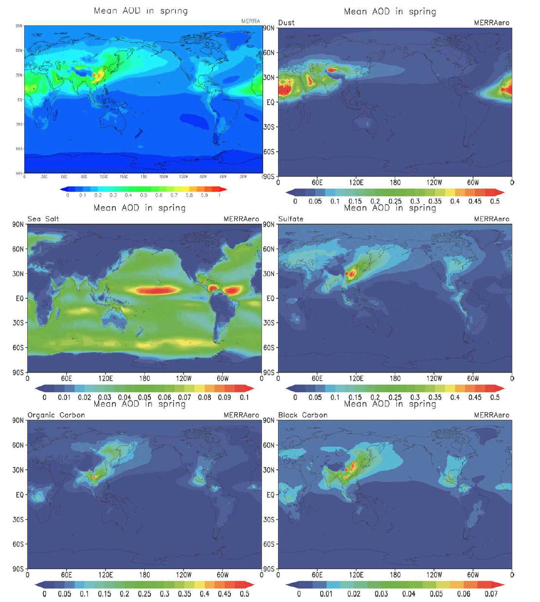 MERRAero 재분석 자료에서 나타난 봄철의 총 AOD 및 먼지, 해염, 황산염, 유기 탄소 및 블랙 카본의 AOD.