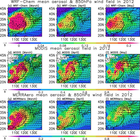 WRF-Chem, MODIS, 그리고 MERRAero의 월별 평균 AOD 및 850 hPa 바람 장.