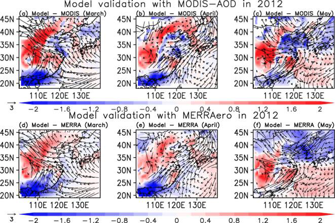 WRF-Chem, MODIS, 그리고 MERRAero의 월별 정규화된 평균 AOD의 오차 및 850 hPa 바람장의 오차.