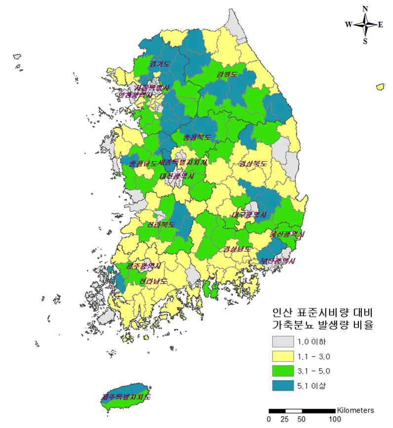 시군별 인산 표준시비량 대비 가축분뇨 발생량