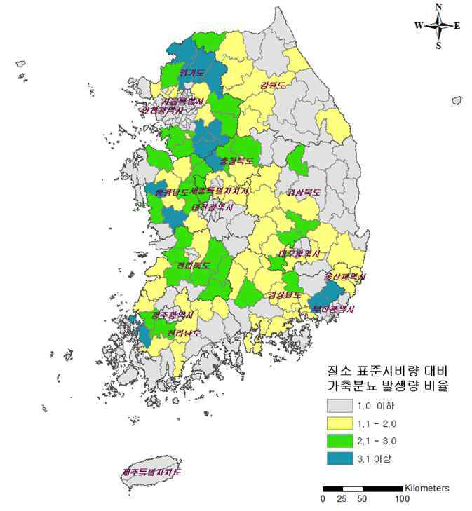 시군별 질소초과 예상지역