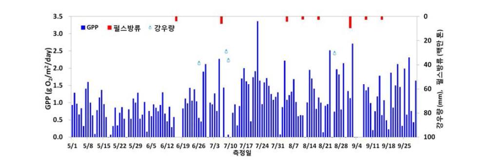 GPP of surface layer (0.5 m), precipitation and pulse discharge of Kangjeong-Goryeong Weir from May to september.