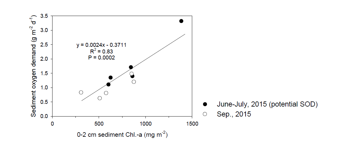 퇴적물 내 Chl.-a 농도와 퇴적물 산소소모율과의 상관관계