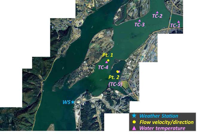 A location map showing the monitoring sites to observe the lake shore weather as well as vertical profiles of flow velocity/direction and water temperature.