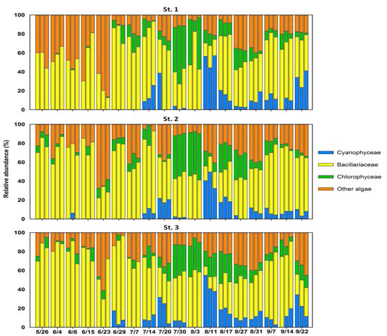 Relative ratios of algal abundance with respect to four algal groups at St. 1∼3 (three vertical bars displayed at a single time denote the surface, middle, and bottom layers from the left side).